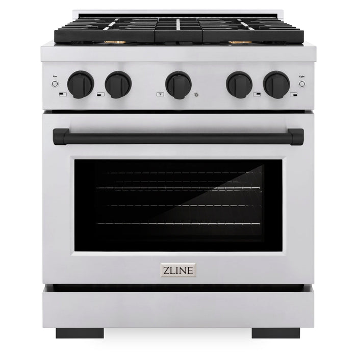 ZLINE Autograph 30" 4.2 cu. ft. Paramount Dual Fuel Range with 4 Burners in Stainless Steel with Matte Black Accents, SDRZ-30-MB