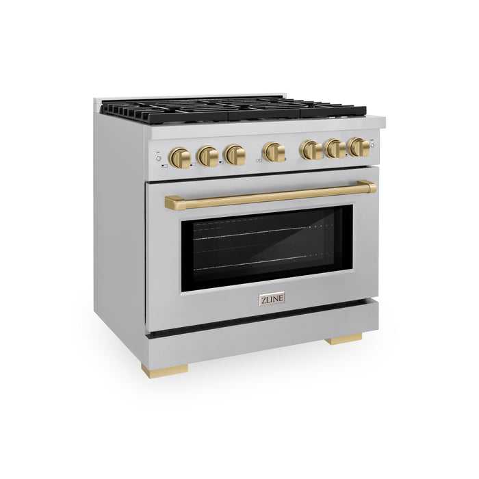 ZLINE Autograph 36" 5.2 cu. ft. Paramount Dual Fuel Range with 6 Burners in Stainless Steel with Champagne Bronze Accents, SDRZ-36-CB