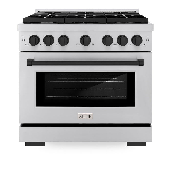 ZLINE Autograph Edition 36 in. 5.2 cu. ft. Paramount Dual Fuel Range with 6 Burner Gas Cooktop and Electric Convection Oven in Stainless Steel with Matte Black Accents (SDRZ-36-MB)