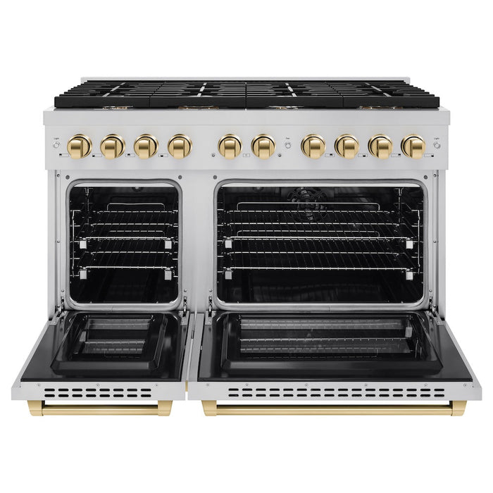 ZLINE Autograph Edition 48 in. 6.7 cu. ft. Paramount Double Oven Dual Fuel Range with 8 Burner Gas Cooktop in Stainless Steel and Polished Gold Accents (SDRZ-48-G)