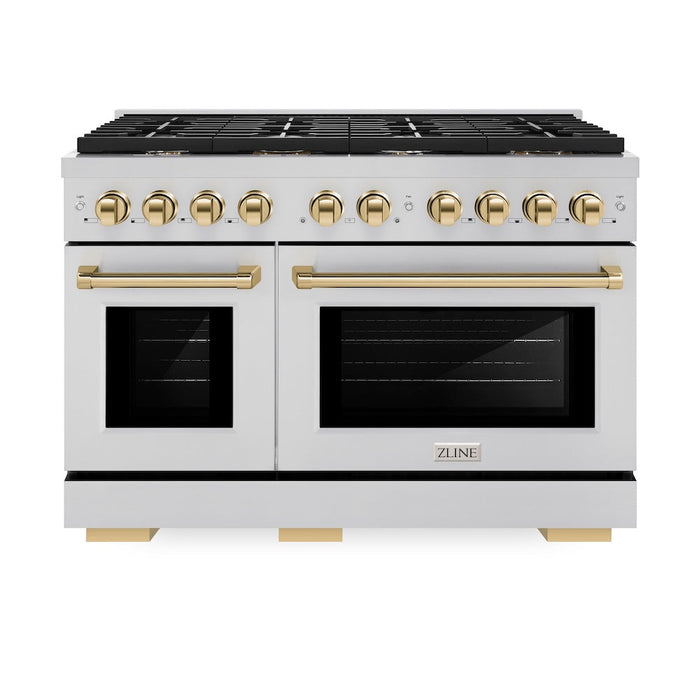 ZLINE Autograph Edition 48 in. 6.7 cu. ft. Paramount Double Oven Dual Fuel Range with 8 Burner Gas Cooktop in Stainless Steel and Polished Gold Accents (SDRZ-48-G)