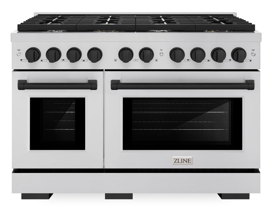 ZLINE Autograph 48" 6.7 cu. ft. Paramount Double Oven Dual Fuel Range with 8 Burners in Stainless Steel and Matte Black Accents, SDRZ-48-MB