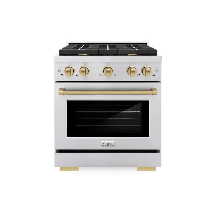 ZLINE Autograph Package - 30 In. Gas Range, Range Hood in Stainless Steel with Gold Accents, 2AKP-RGRH30-G