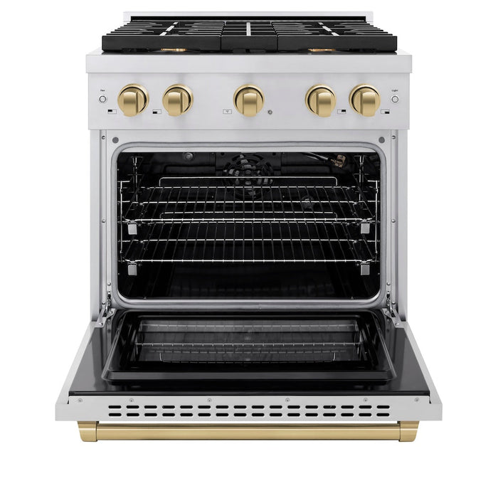 ZLINE Autograph Edition 30 in. 4.2 cu. ft. Paramount Gas Range with 4 Burner Cooktop and Convection Gas Oven in Stainless Steel and Champagne Bronze Accents (SGRZ-30-CB)