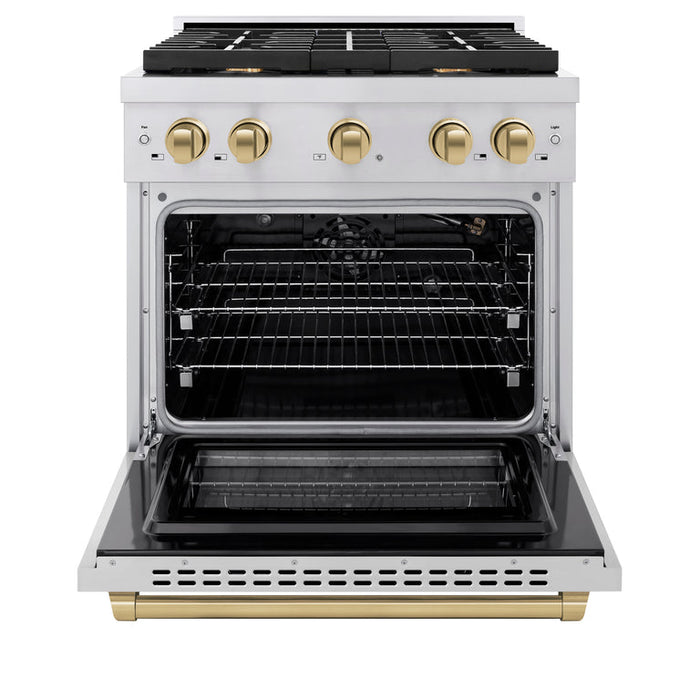 ZLINE Autograph Package - 30 In. Gas Range, Range Hood, Dishwasher in Stainless Steel with Champagne Bronze Accents, 3AKP-RGRHDWM30-CB