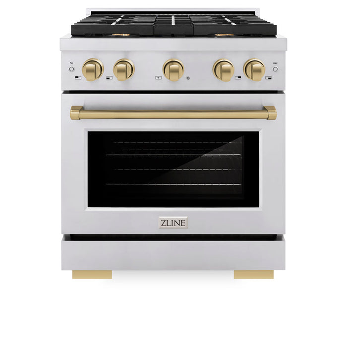 ZLINE Autograph Package - 30 In. Gas Range, Range Hood, Dishwasher in Stainless Steel with Champagne Bronze Accents, 3AKP-RGRHDWM30-CB