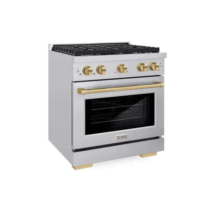 ZLINE Autograph Package - 30 In. Gas Range, Range Hood in Stainless Steel with Gold Accents, 2AKP-RGRH30-G