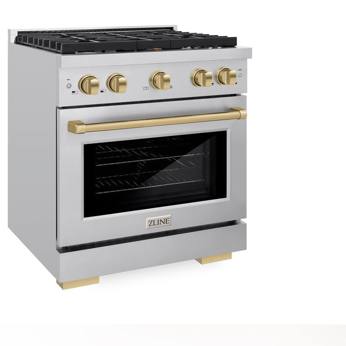 ZLINE Autograph Package - 30 In. Gas Range, Range Hood, Dishwasher, Refrigerator with Champagne Bronze Accents, 4KAPR-RGRHDWM30-CB