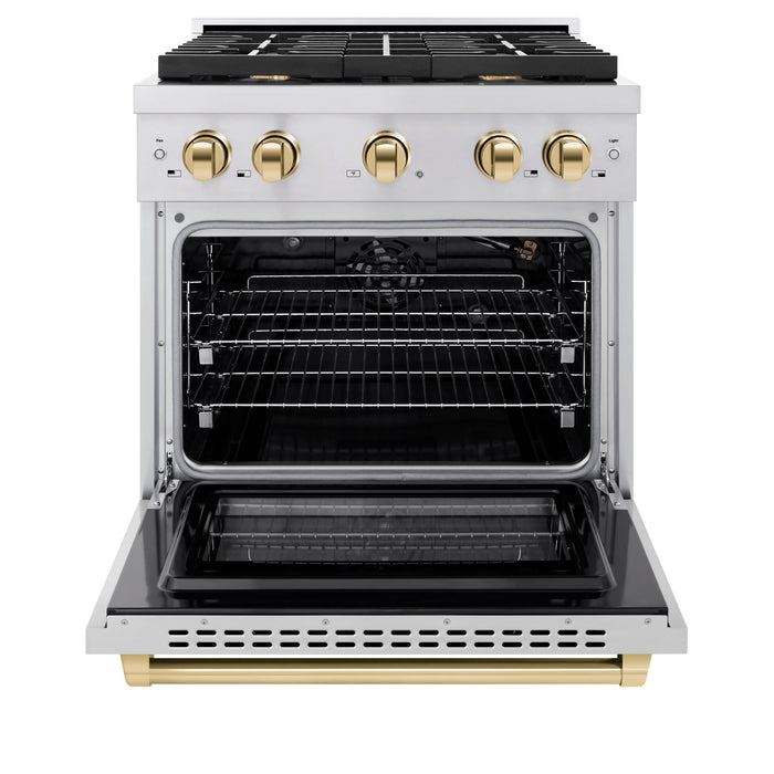 ZLINE Autograph 30" 4.2 cu. ft. Paramount Gas Range with Convection Gas Oven in Stainless Steel and Gold Accents, SGRZ-30-G