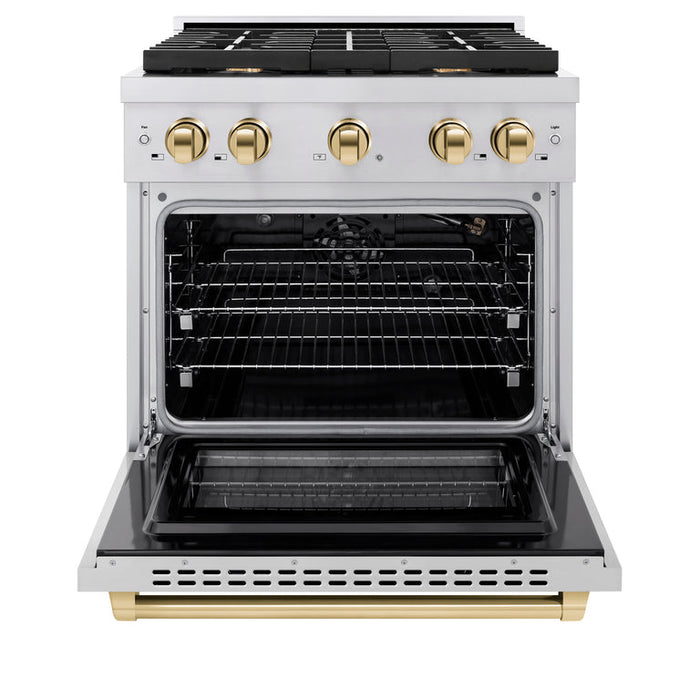 ZLINE Autograph Package - 30 In. Gas Range, Range Hood, Refrigerator, and Dishwasher in Stainless Steel with Gold Accents, 4AKPR-RGRHDWM30-G