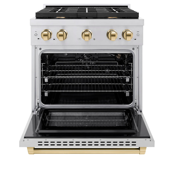 ZLINE Autograph Edition 30 in. 4.2 cu. ft. Paramount Gas Range with 4 Burner Cooktop and Convection Gas Oven in Stainless Steel and Polished Gold Accents (SGRZ-30-G)