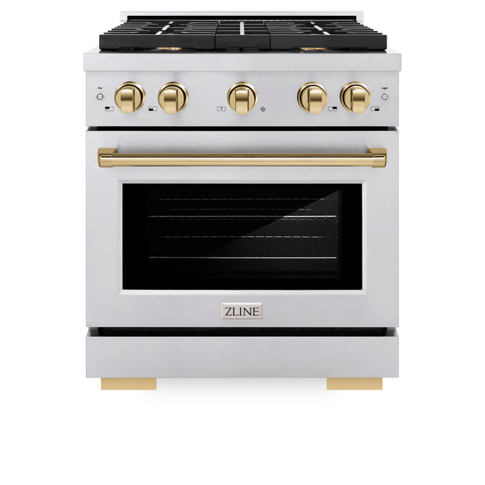 ZLINE Autograph Package - 30 In. Gas Range, Range Hood, Dishwasher in Stainless Steel with Gold Accents, 3AKP-RGRHDWM30-G