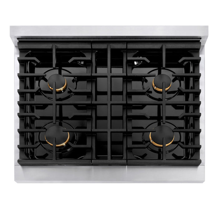 ZLINE Autograph Package - 30 In. Gas Range, Range Hood, Dishwasher in Stainless Steel with Gold Accents, 3AKP-RGRHDWM30-G