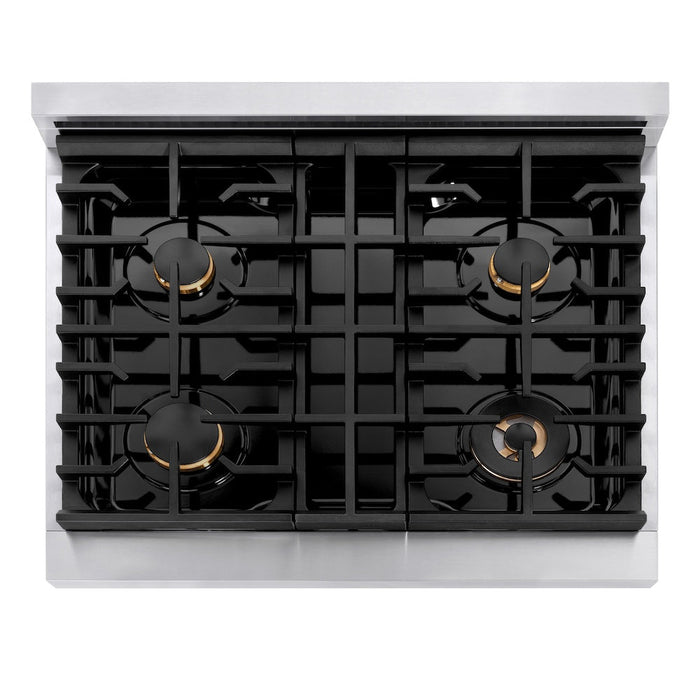 ZLINE Autograph Edition 30 in. 4.2 cu. ft. Paramount Gas Range with 4 Burner Cooktop and Convection Gas Oven in Stainless Steel and Polished Gold Accents (SGRZ-30-G)