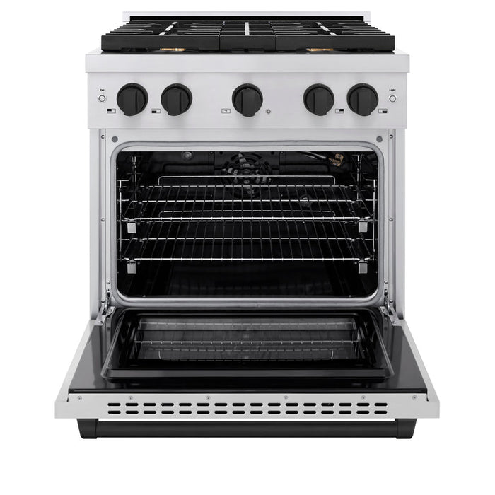 ZLINE Autograph Package - 30 In. Gas Range, Range Hood in Stainless Steel with Matte Black Accents, 2AKP-RGRH30-MB