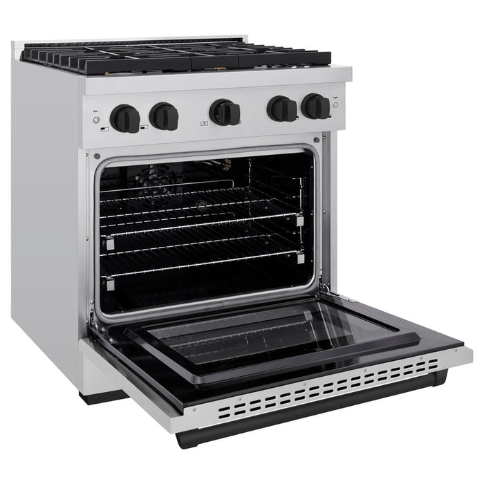 ZLINE Autograph Package - 30 In. Gas Range, Range Hood in Stainless Steel with Matte Black Accents, 2AKP-RGRH30-MB