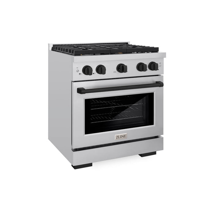 ZLINE Autograph Package - 30 In. Gas Range, Range Hood, Refrigerator, and Dishwasher in Stainless Steel with Matte Black Accents, 4AKPR-RGRHDWM30-MB