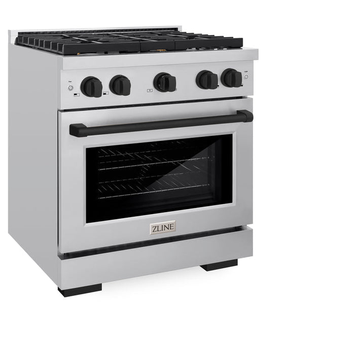 ZLINE Autograph Package - 30 In. Gas Range, Range Hood, Dishwasher in Stainless Steel with Matte Black Accents, 3AKP-RGRHDWM30-MB