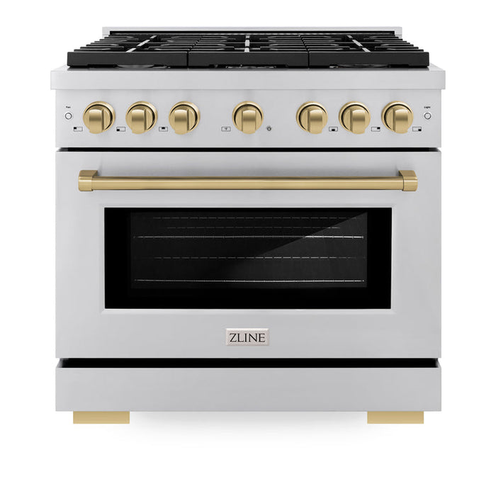 ZLINE Autograph Package - 36 In. Gas Range, Range Hood, Dishwasher in Stainless Steel with Champagne Bronze Accents, 3AKP-RGRHDWM36-CB