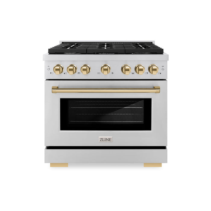 ZLINE Autograph Package - 36" Gas Range, Range Hood, Refrigerator with Water & Ice Dispenser, Dishwasher with Gold Accents