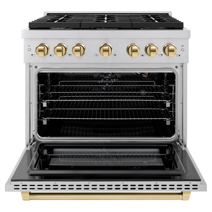 ZLINE Autograph Package - 36" Gas Range, Range Hood, Refrigerator with Water & Ice Dispenser, Dishwasher with Gold Accents