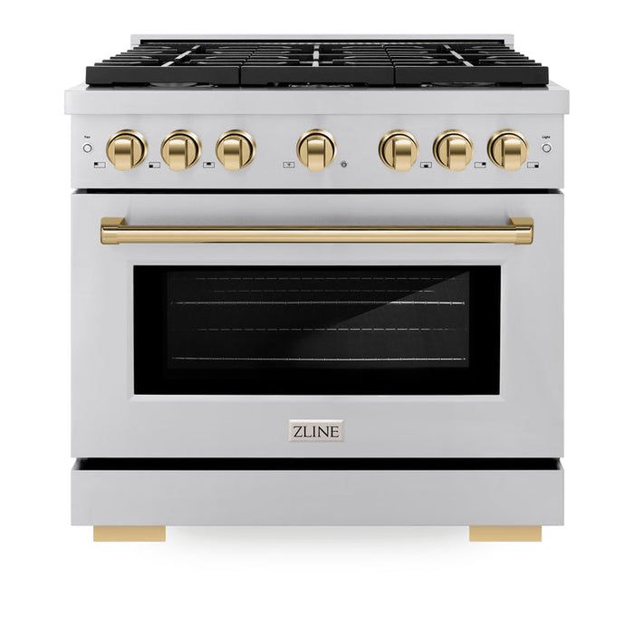 ZLINE Autograph Package - 36 In. Gas Range, Range Hood, Dishwasher, Refrigerator with Gold Accents, 4KAPR-RGRHDWM36-G