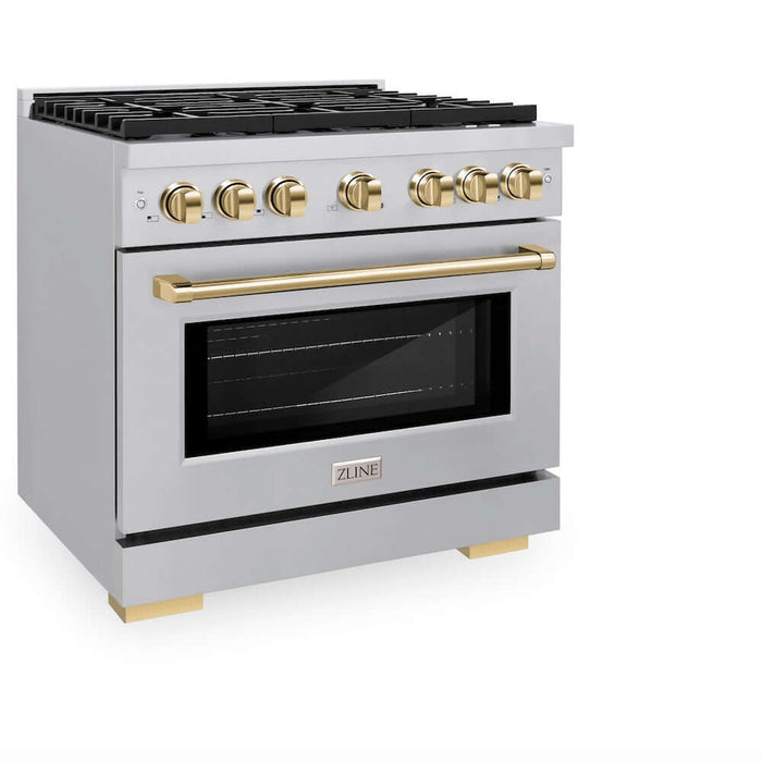 ZLINE Autograph Edition 36 in. 5.2 cu. ft. Paramount Gas Range with 6 Burner Cooktop and Convection Gas Oven in Stainless Steel and Polished Gold Accents (SGRZ-36-G)