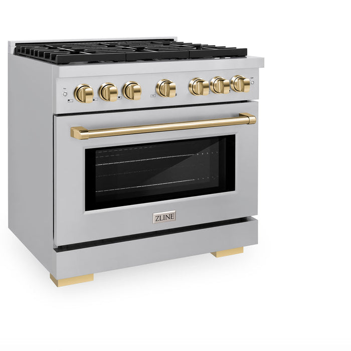 ZLINE Autograph Package - 36 In. Gas Range, Range Hood, Dishwasher in Stainless Steel with Gold Accents, 3AKP-RGRHDWM36-G