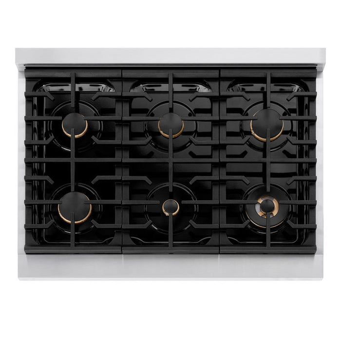 ZLINE Autograph Package - 36 In. Gas Range, Range Hood, Dishwasher in Stainless Steel with Gold Accents, 3AKP-RGRHDWM36-G