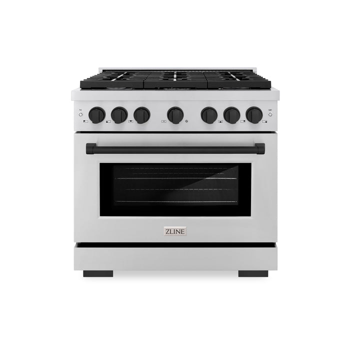 ZLINE Autograph 36" 5.2 cu. ft. Paramount Gas Range with Convection Gas Oven in Stainless Steel and Matte Black Accents, SGRZ-36-MB