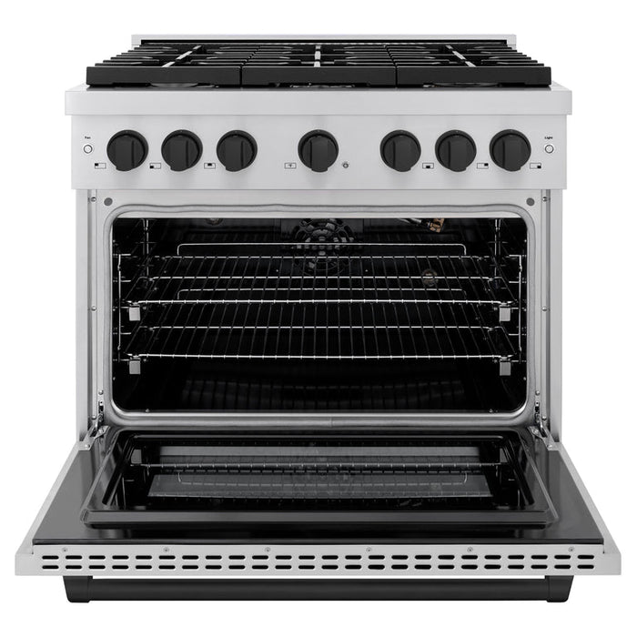 ZLINE Autograph Package - 36 In. Gas Range and Range Hood in Stainless Steel with Matte Black Accents, 2AKP-RGRH36-MB