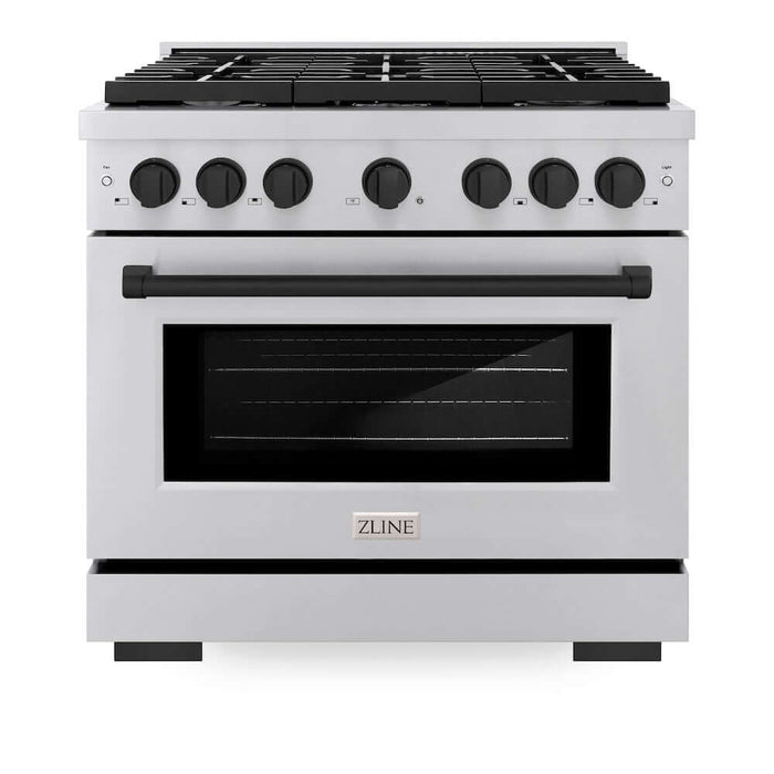 ZLINE Autograph Edition 36 in. 5.2 cu. ft. Paramount Gas Range with 6 Burner Cooktop and Convection Gas Oven in Stainless Steel and Matte Black Accents (SGRZ-36-MB)