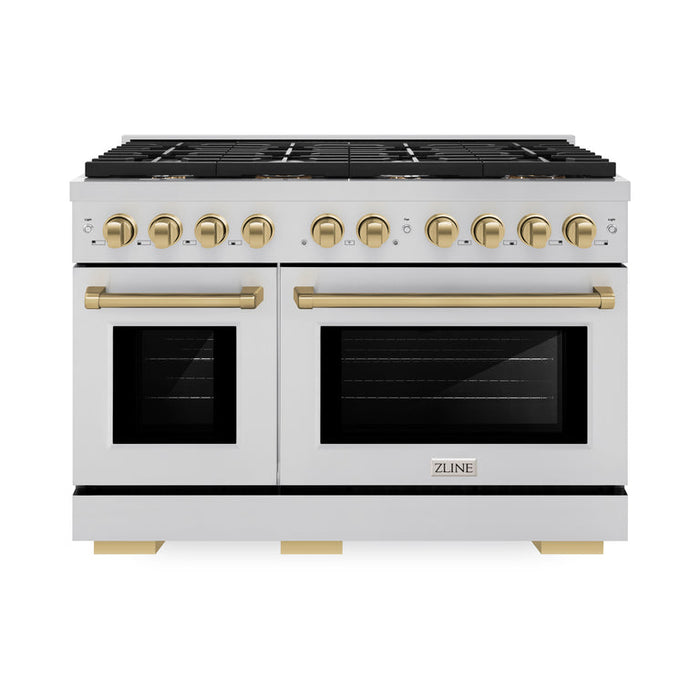 ZLINE Autograph Package - 48 In. Gas Range, Range Hood and Dishwasher in Stainless Steel with Champagne Bronze Accents, 3AKPR-RGRH48-CB