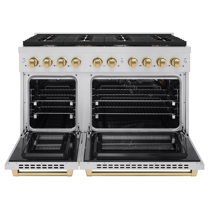 ZLINE Autograph 48" 6.7 cu. ft. Paramount Double Oven Gas Range in Stainless Steel and Bronze Accents, SGRZ-48-CB