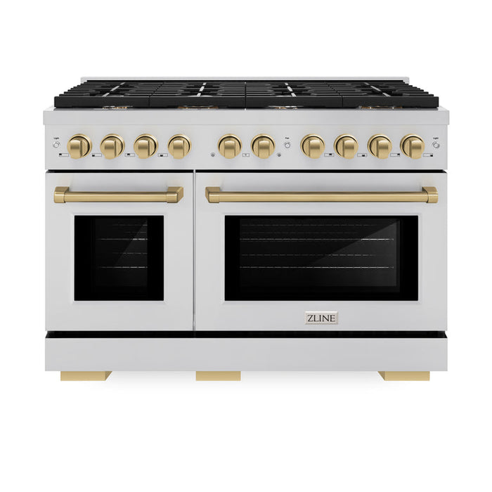 ZLINE Autograph Package - 48 in. Gas Range, Range Hood, 3 Rack Dishwasher, Refrigerator with Champagne Bronze Accents - 4AKPR-RGRHDWM48-CB