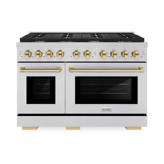 ZLINE Autograph Edition 48 in. 6.7 cu. ft. Paramount Double Oven Gas Range with 8 Burner Cooktop in Stainless Steel and Polished Gold Accents (SGRZ-48-G)