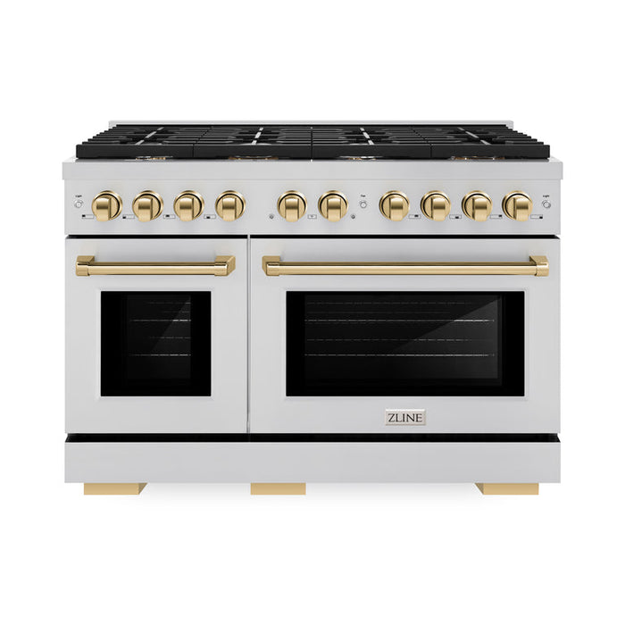 ZLINE Autograph Package - 48 in. Gas Range, Range Hood, 3 Rack Dishwasher, Refrigerator with Gold Accents - 4AKPR-RGRHDWM48-G