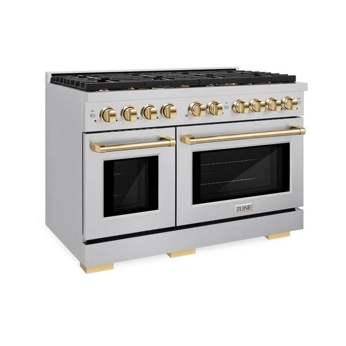 ZLINE Autograph Package - 48 In. Gas Range and Range Hood in Stainless Steel with Gold Accents, 2AKPR-RGRH48-G