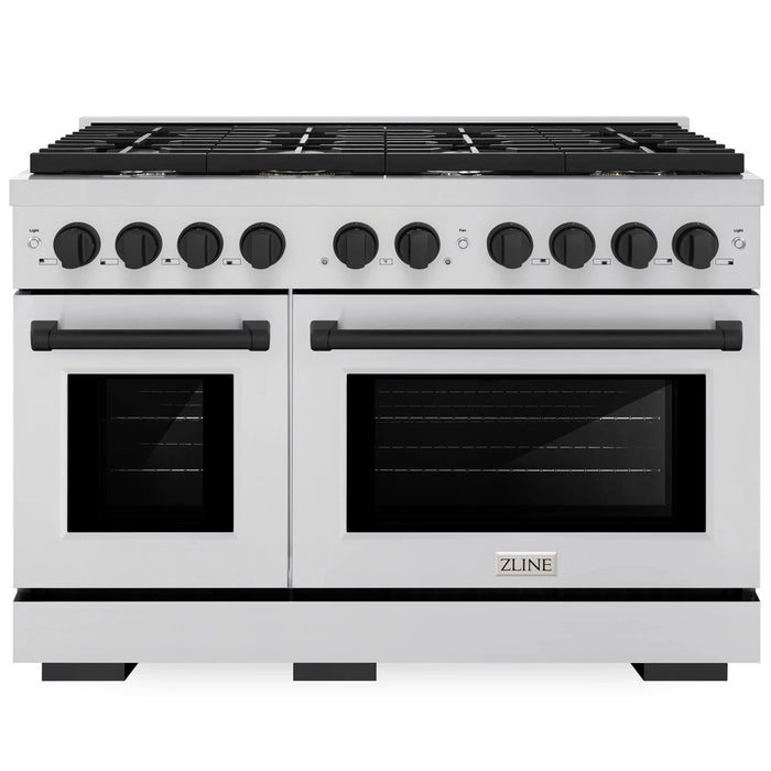 ZLINE Autograph 48" 6.7 cu. ft. Paramount Double Oven Gas Range in Stainless Steel and Black Matte Accents, SGRZ-48-MB