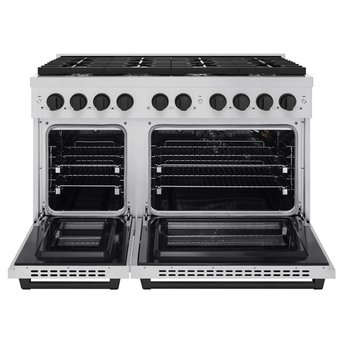 ZLINE Autograph 48" 6.7 cu. ft. Paramount Double Oven Gas Range in Stainless Steel and Black Matte Accents, SGRZ-48-MB