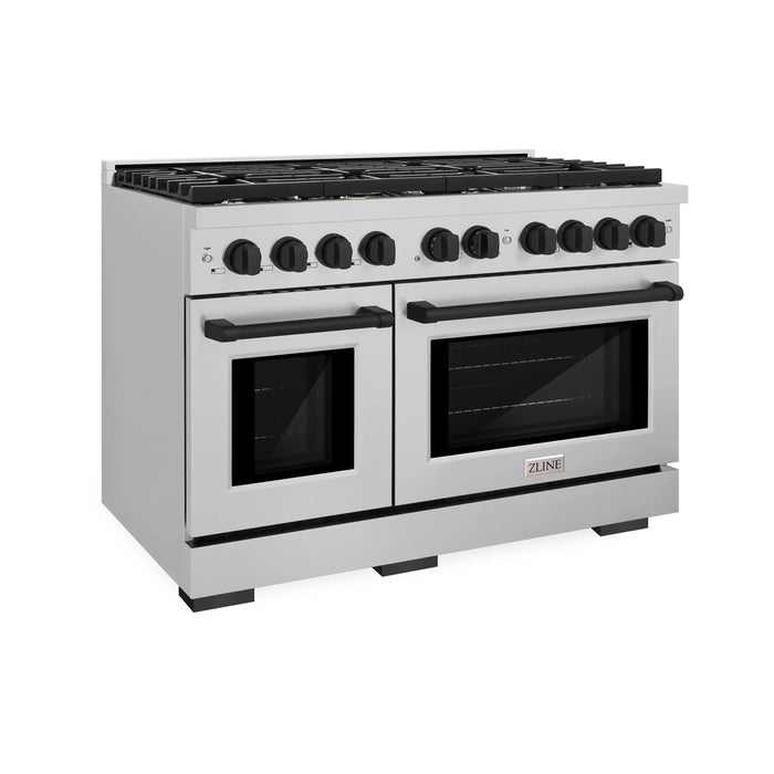 ZLINE Autograph 48" 6.7 cu. ft. Paramount Double Oven Gas Range in Stainless Steel and Black Matte Accents, SGRZ-48-MB