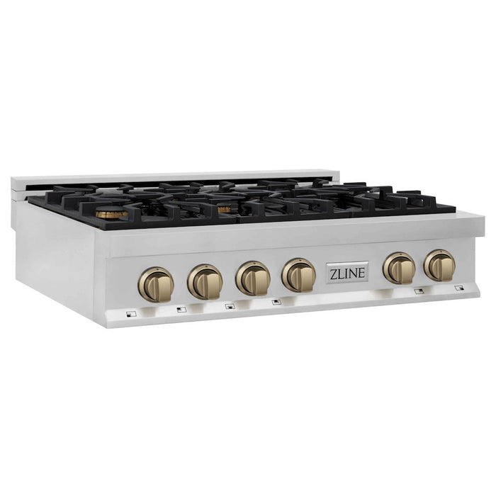 ZLINE Autograph Edition 36 in. Porcelain Rangetop with 6 Gas Burners in Stainless Steel with Champagne Bronze Accents (RTZ-36-CB)