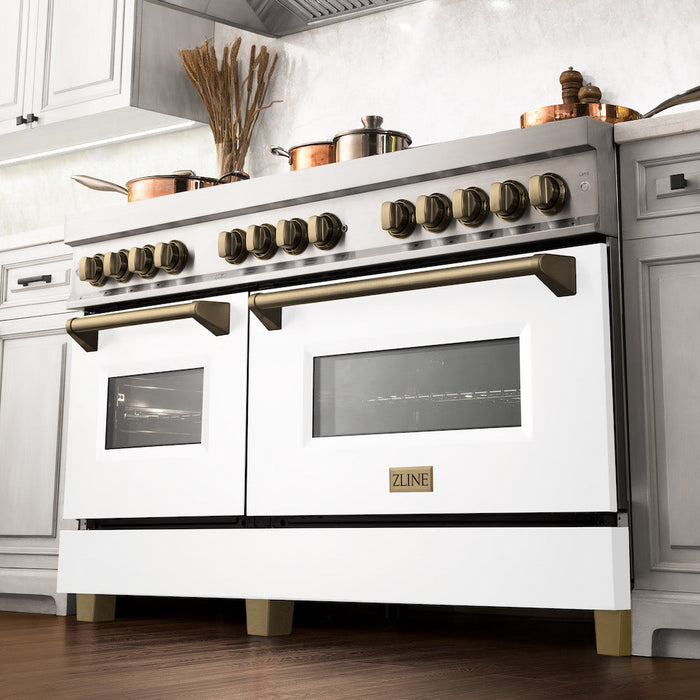 ZLINE Autograph Edition 60 in. 7.4 cu. ft. Legacy Dual Fuel Range with 9 Burner Gas Cooktop and 2 Electric Convection Ovens in Stainless Steel with White Matte Doors and Champagne Bronze Accents (RAZ-WM-60-CB)