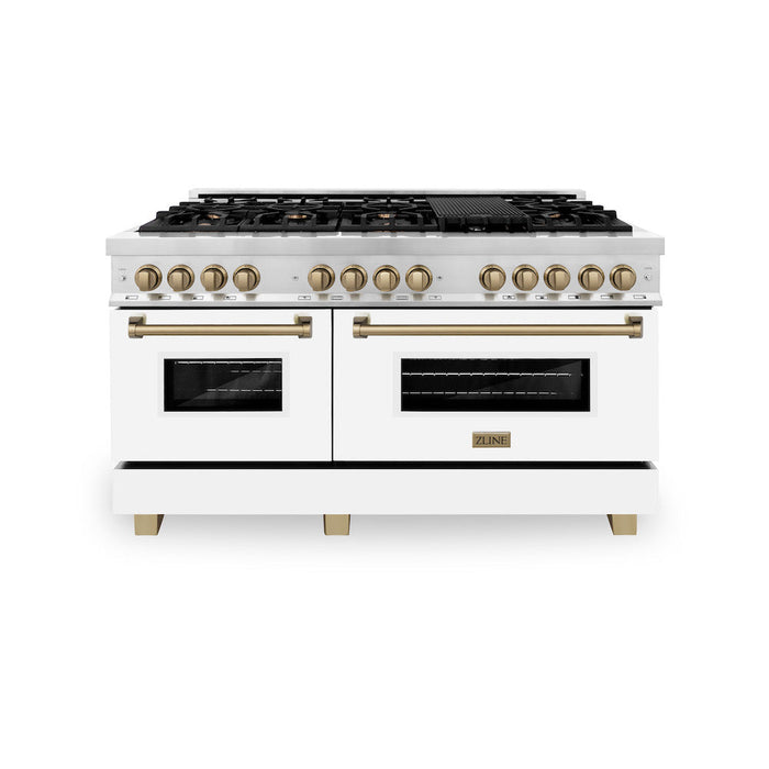 ZLINE Autograph Edition 60 in. 7.4 cu. ft. Legacy Dual Fuel Range with 9 Burner Gas Cooktop and 2 Electric Convection Ovens in Stainless Steel with White Matte Doors and Champagne Bronze Accents (RAZ-WM-60-CB)