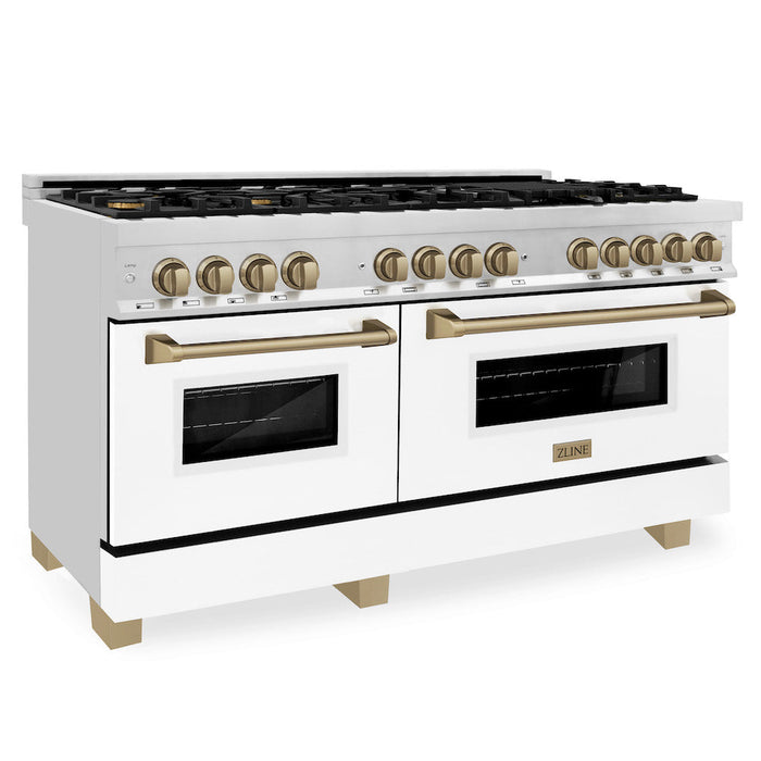 ZLINE Autograph Edition 60 in. 7.4 cu. ft. Legacy Dual Fuel Range with 9 Burner Gas Cooktop and 2 Electric Convection Ovens in Stainless Steel with White Matte Doors and Champagne Bronze Accents (RAZ-WM-60-CB)