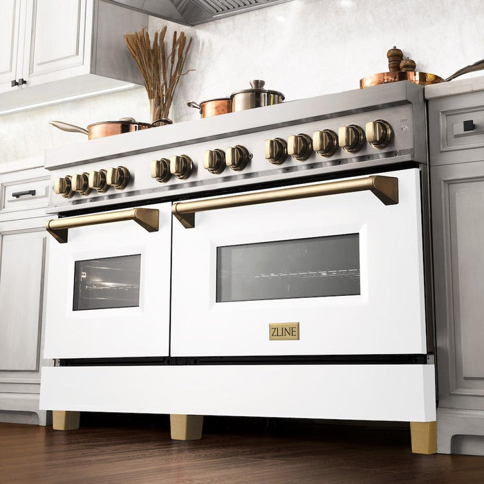 ZLINE Autograph Edition 60 in. 7.4 cu. ft. Legacy Dual Fuel Range with 9 Burner Gas Cooktop and 2 Electric Convection Ovens in Stainless Steel with White Matte Doors and Polished Gold Accents (RAZ-WM-60-G)