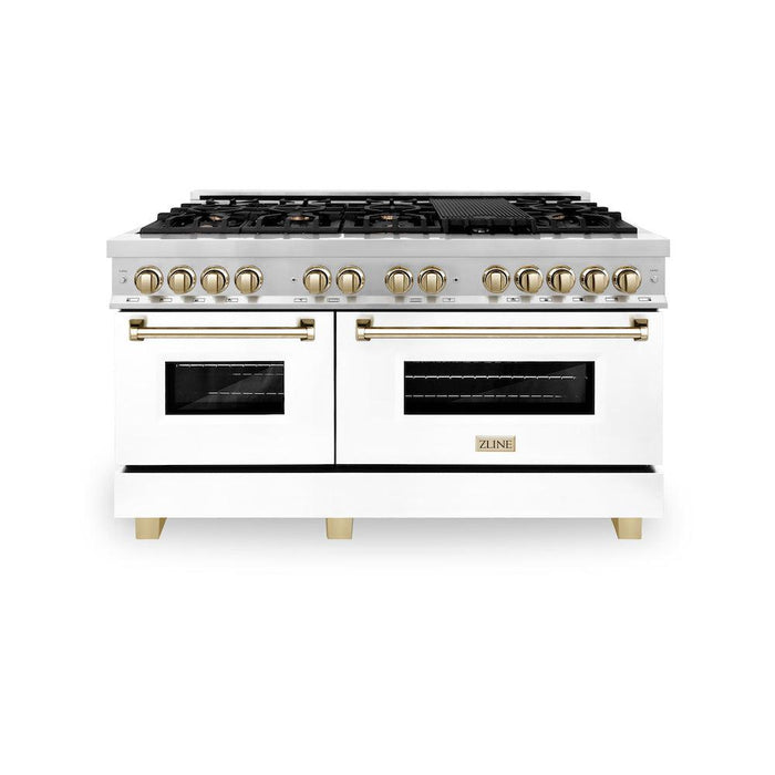 ZLINE Autograph Edition 60 in. 7.4 cu. ft. Legacy Dual Fuel Range with 9 Burner Gas Cooktop and 2 Electric Convection Ovens in Stainless Steel with White Matte Doors and Polished Gold Accents (RAZ-WM-60-G)