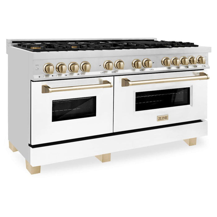 ZLINE Autograph Edition 60 in. 7.4 cu. ft. Legacy Dual Fuel Range with 9 Burner Gas Cooktop and 2 Electric Convection Ovens in Stainless Steel with White Matte Doors and Polished Gold Accents (RAZ-WM-60-G)