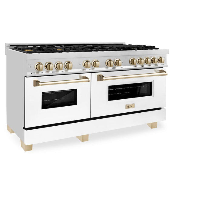 ZLINE Autograph Edition 60 in. 7.4 cu. ft. Legacy Dual Fuel Range with 9 Burner Gas Cooktop and 2 Electric Convection Ovens in Stainless Steel with White Matte Doors and Polished Gold Accents (RAZ-WM-60-G)