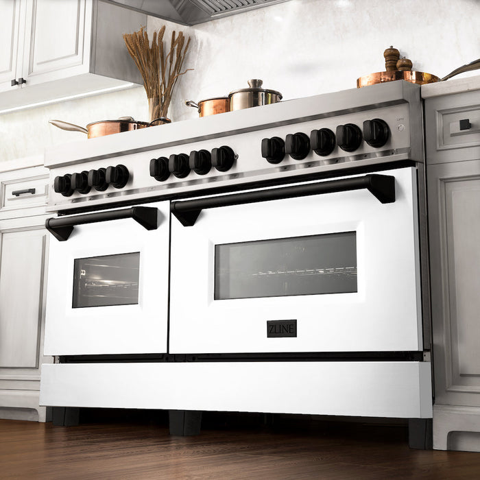 ZLINE Autograph Edition 60 in. 7.4 cu. ft. Legacy Dual Fuel Range with 9 Burner Gas Cooktop and 2 Electric Convection Ovens in Stainless Steel with White Matte Doors and Matte Black Accents (RAZ-WM-60-MB)